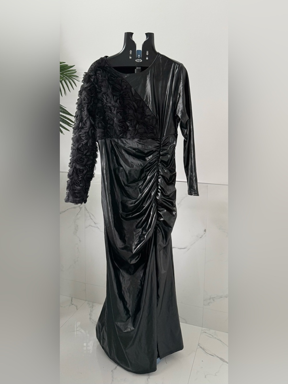 NWT Xpluswear Black Liquid Metallic 3D Rosette Asymmetric Maxi Dress XL 14 16